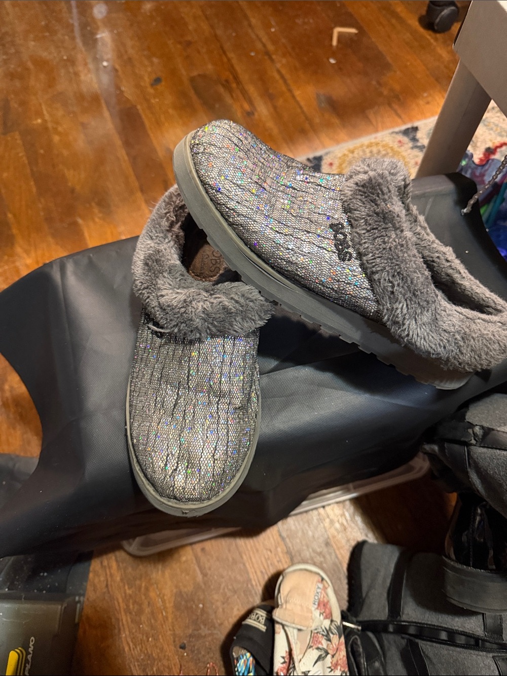 Sparkly Gray Faux Fur Slip-On Clogs